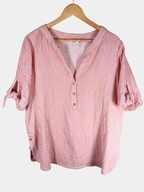 Kaktus Coral Stripe Seersucker Cotton Split Neck Tie Sleeve Top XL Coastal Boho